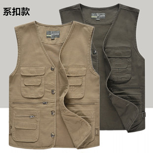 多口袋纯棉纽扣坎肩背心户外休闲马夹 春秋中老年马甲男加肥加大码