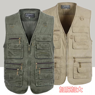 马夹外套 纯棉砂洗多口袋坎肩V领加大码 春秋中老年男式 马甲爸爸装