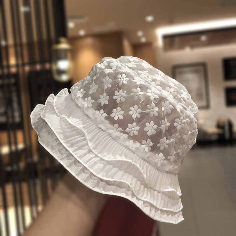 HONG KONG PURCHASING INS FISHERMAN HAT WOMENS SUMMER RETRO LACE FLOWER LIGHT WHITE WAVY BUCKET POT HAT