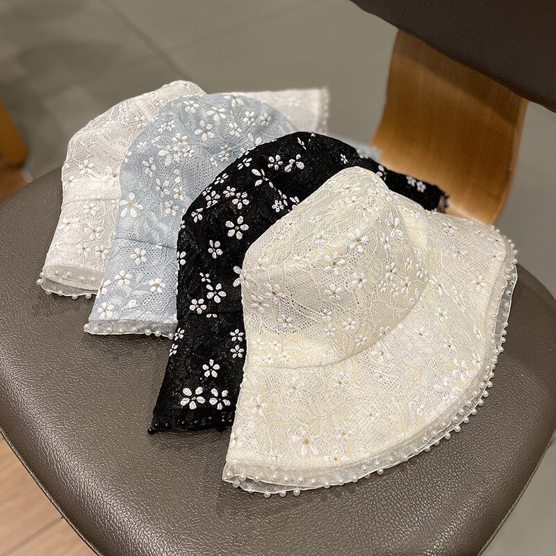 HONG KONG PURCHASING KOREAN VERSION OF LACE FLOWERS PEARL HOLLOW VERSATILE FISHERMAN HATS WOMENS SPRING AND SUMMER BREATHABLE FASHION BASIN HAT TIDE