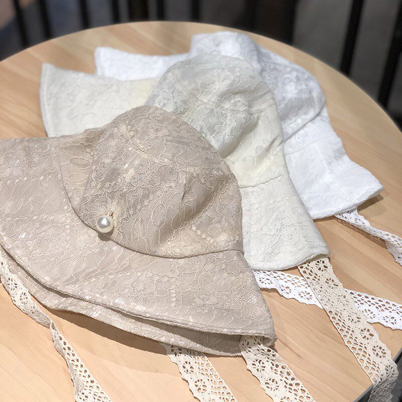 HONG KONG PURCHASING INS LACE STRAP FISHERMAN HAT WOMENS SUMMER THIN BREATHABLE RETRO BASIN HAT LARGE BRIM SUN HAT