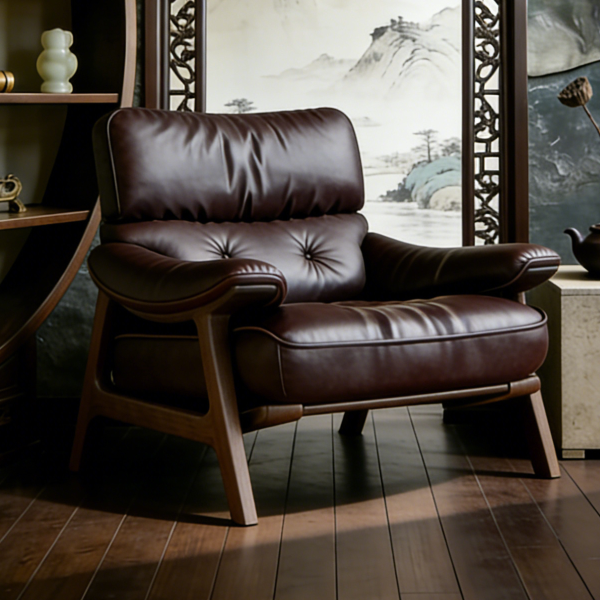 真皮单人沙发椅高级感头层牛皮家用客厅阳台书房中古风休闲茶躺椅
