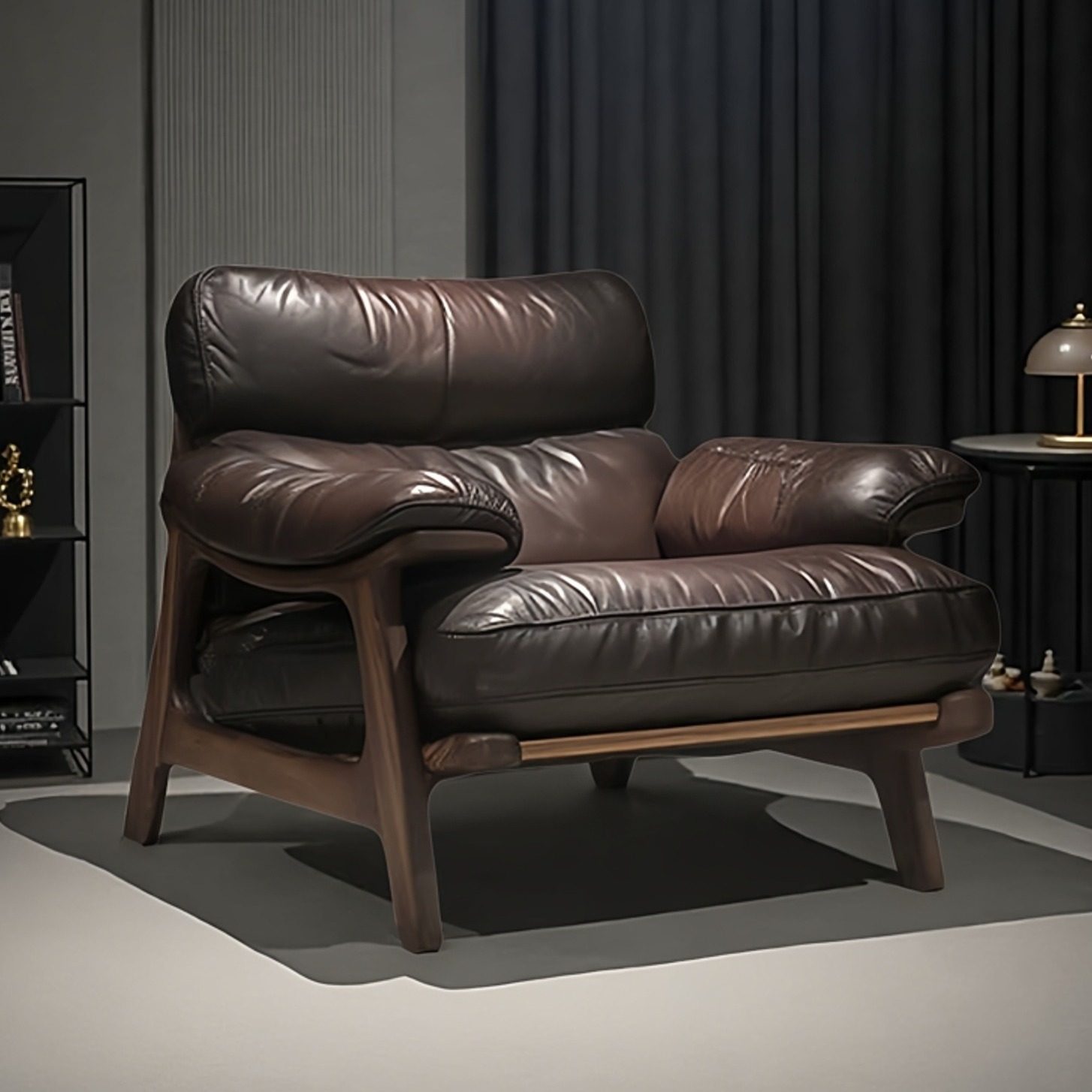 中古风单人沙发椅2025新款头层真牛皮客厅家用书房休闲设计感茶椅