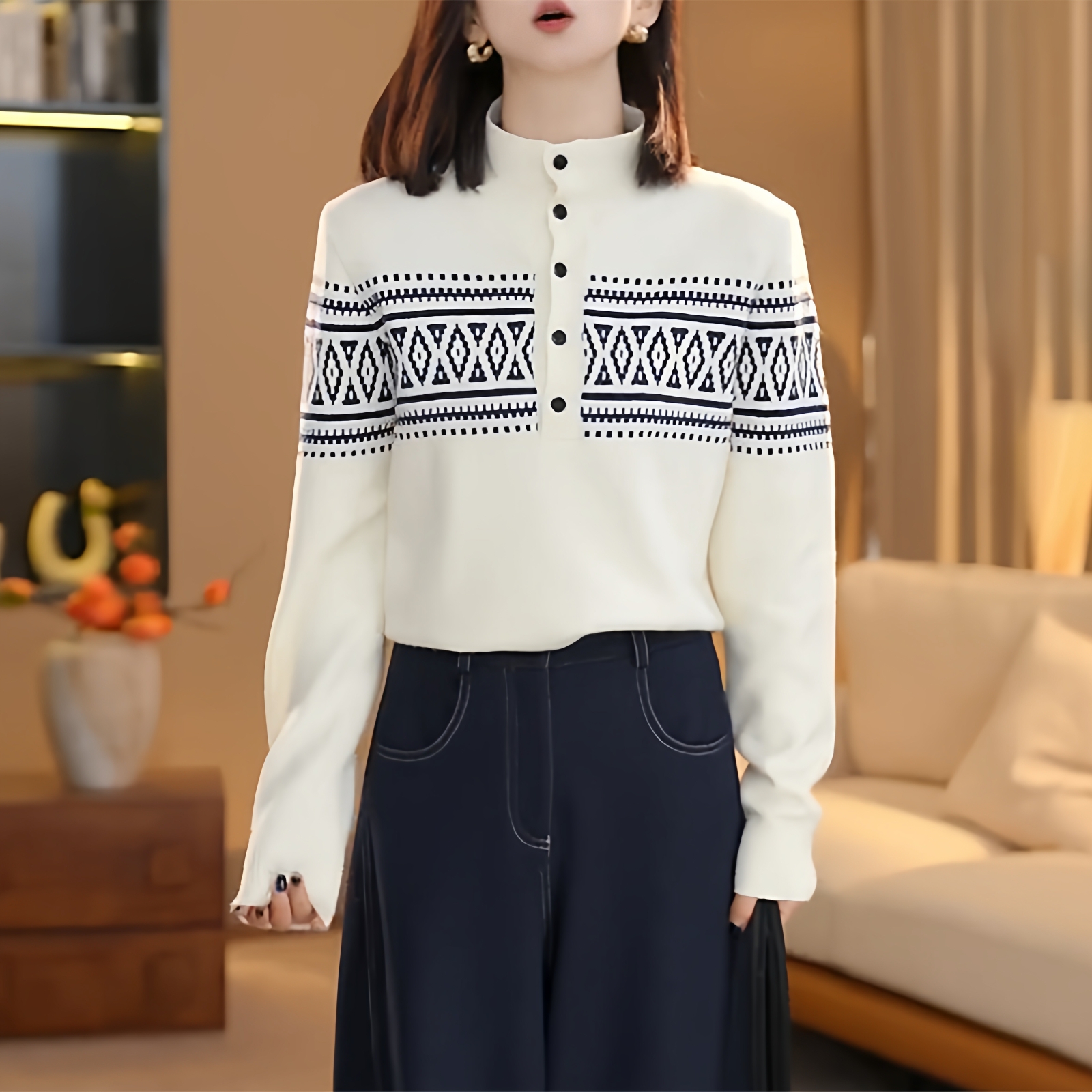 韩系白色复古提花针织衫