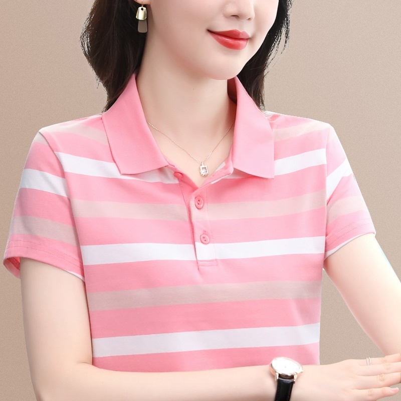 条纹短袖t恤女夏纯棉中年妈妈