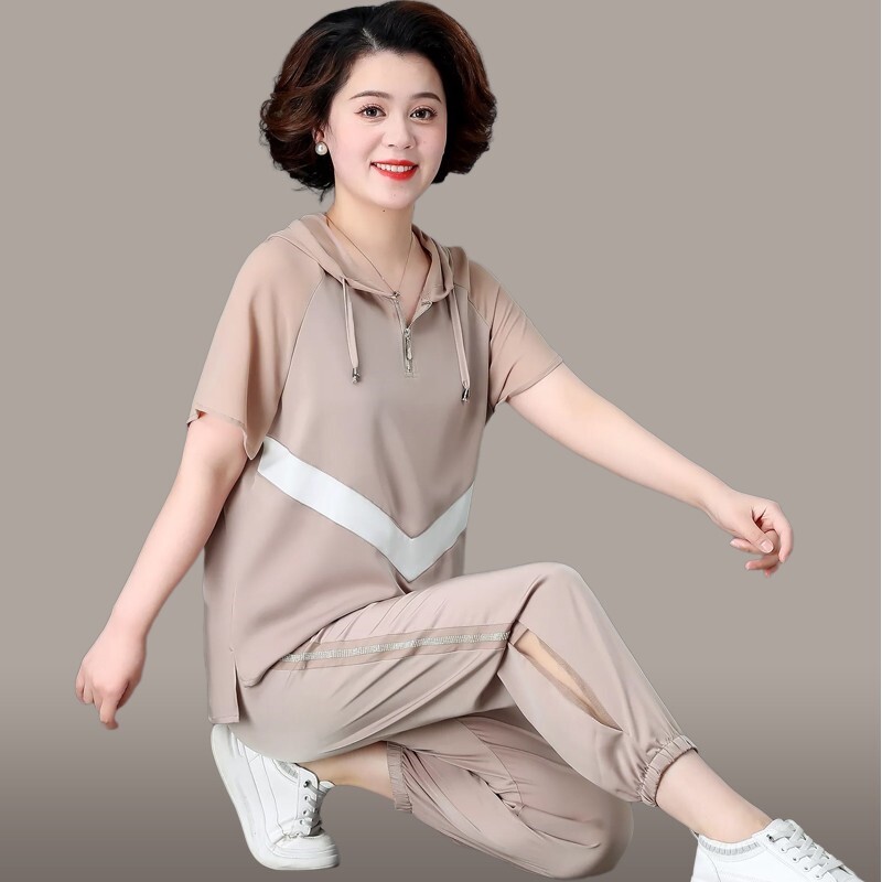 妈妈夏装两件套50岁中年妇女冰丝短袖t恤洋气中老年休闲运动套装
