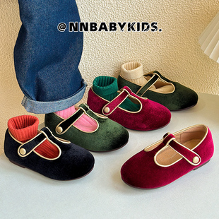 女童公主鞋金丝绒玛丽珍儿童复古单鞋秋冬宝宝加绒皮鞋红色过年鞋