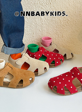 儿童真皮勃肯凉鞋夏季男童软木包头沙滩鞋女童红色波点韩系宝宝鞋