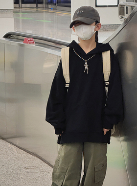 男童卫衣春秋季2026新款儿童春装韩版连帽黑色上衣洋气胖宝宝童装