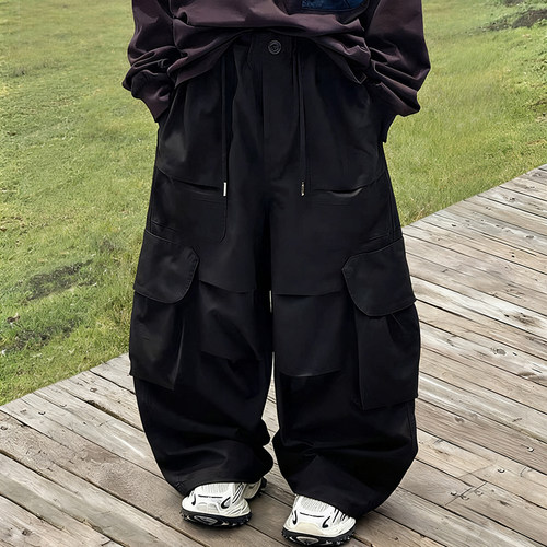 男童户外工装裤秋季新儿童休闲百搭宽松棉布长裤山系大口袋直筒裤