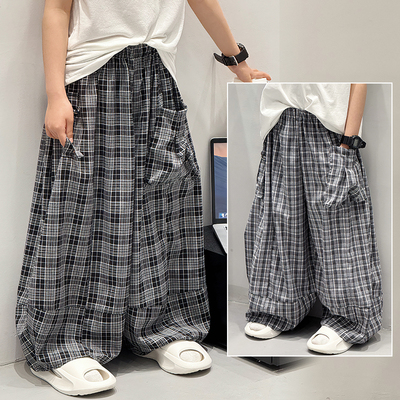 儿童夏季裤子轻薄格子长裤2025新款男童洋气休闲裤宽松阔腿防蚊裤