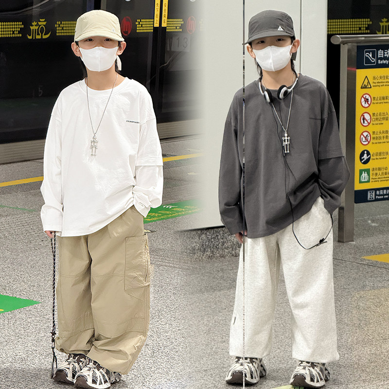 男童假两件长袖T恤2026春季新款儿童宽松体恤胖宝宝韩版套头上衣