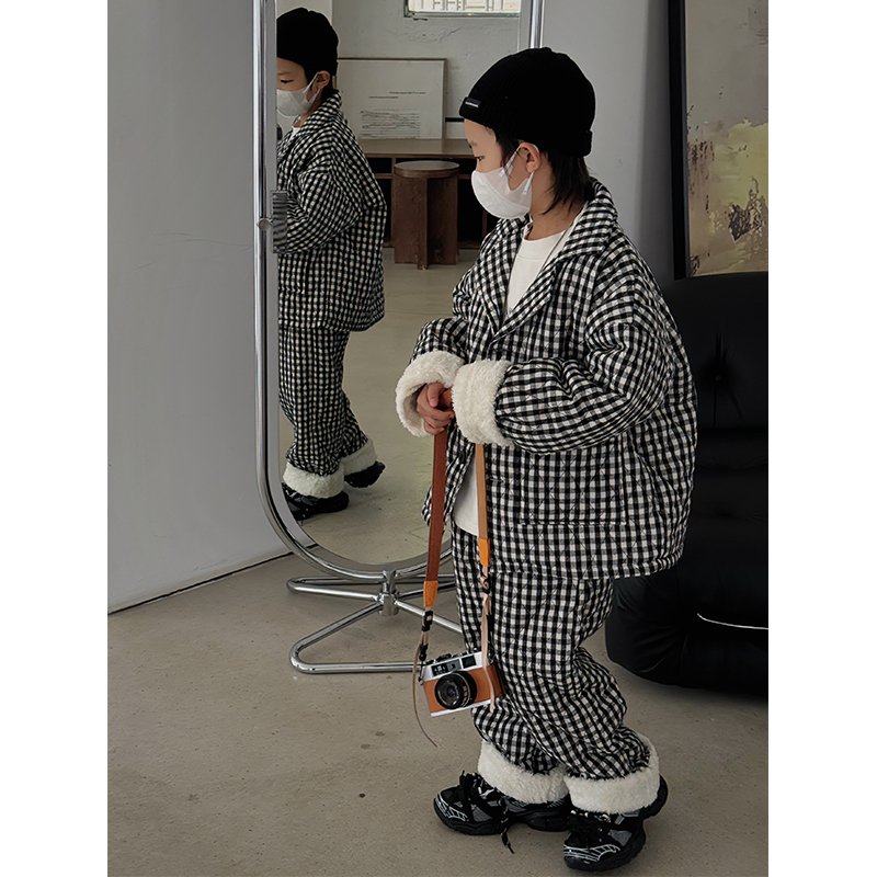 奶油布丁男童加绒加厚家居服套装