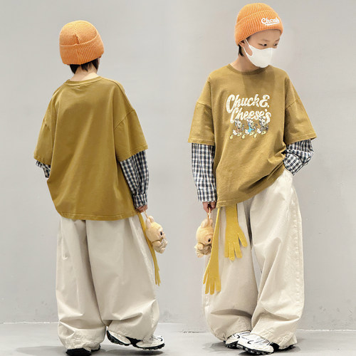 童装男童长袖t恤儿童春秋2025新款痞帅假两件上衣男孩纯棉打底衫