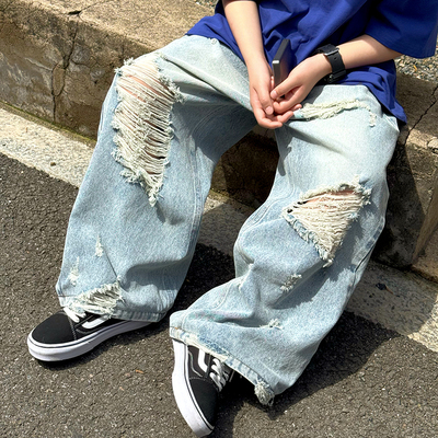 儿童牛仔裤子男童休闲裤夏季轻薄2026新款胖宝宝透气宽松破铜裤子