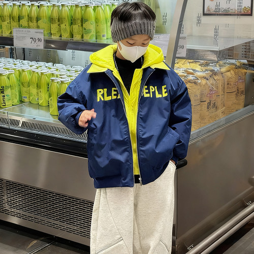 男童假两件棉服外套冬季新款儿童洋气休闲连帽加厚夹克棉衣时髦潮