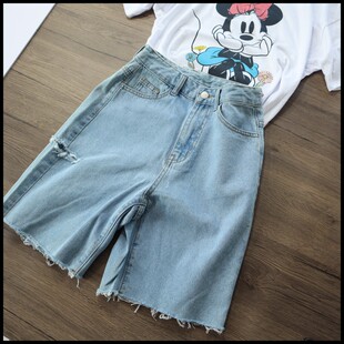 休闲短裤 韩版 时尚 女高腰显瘦蓝色五分短裤 直筒破洞牛仔裤