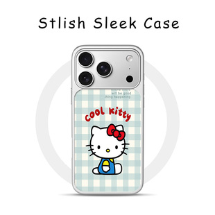 ins韩风格子呆坐猫适用苹果17Promax手机壳16Promax小众高级感15不撞壳新款电镀亚克力软边肤感玻璃少女黑边