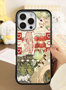 [Magsafe磁吸]复古报纸兔子拼接适用苹果17Promax手机壳16Promax小众高级感15不撞壳新款黑边亚克力新款小众1