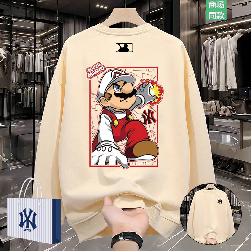 韩国潮牌2025新款超级玛利欧秋季圆领厚棉T男卡通设计感趣味上衣
