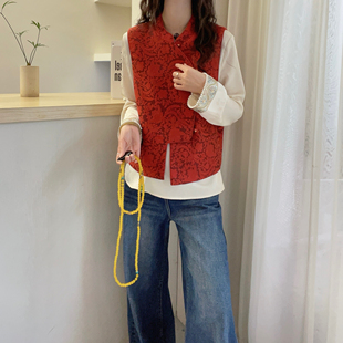 欧洲站2025新中式国风提花红色马甲女立领盘扣加厚百搭高级感背心
