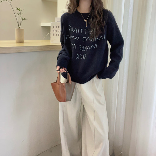 欧洲站2025秋季新款欧货潮圆领字母刺绣全羊毛针织衫女软糯毛衣女