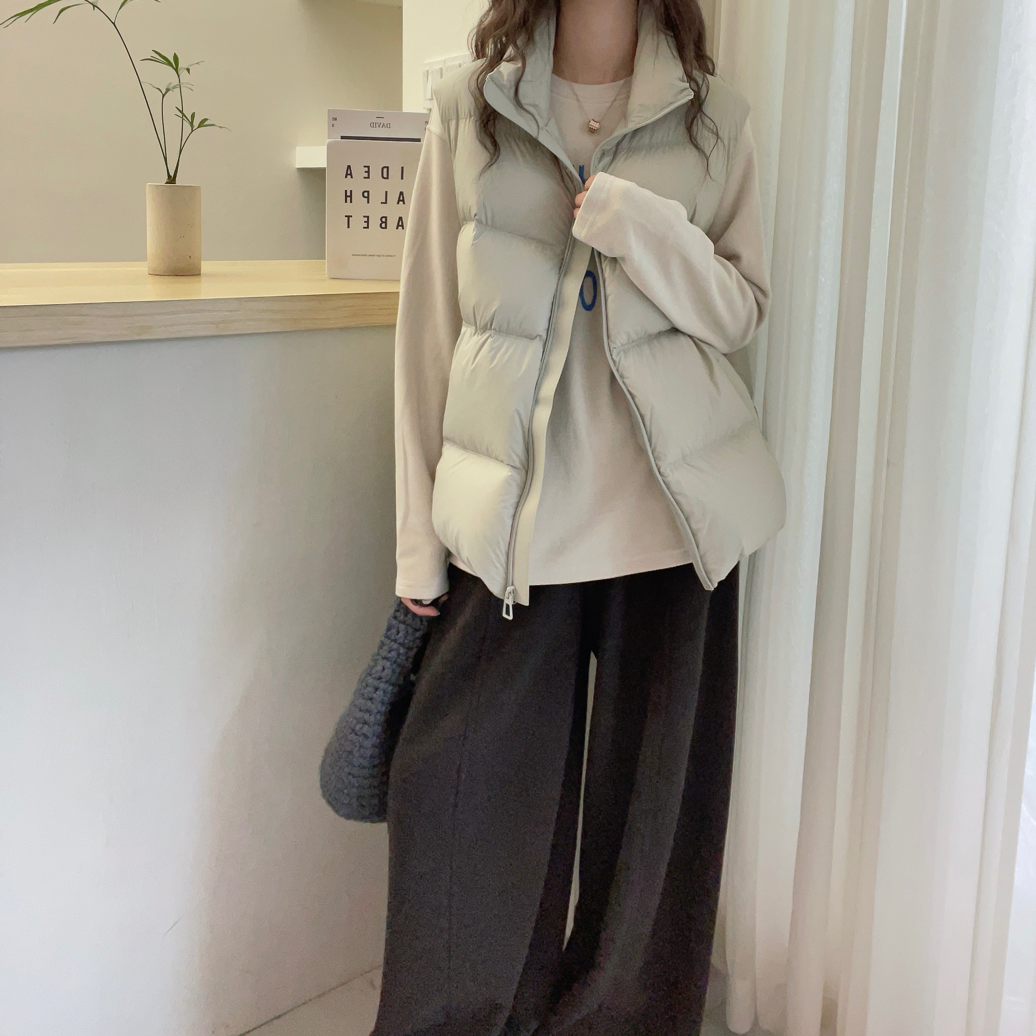 欧洲站2025秋季新款欧货潮立领拉链羽绒马甲女宽松蓬松感白鹅绒女
