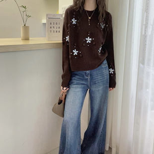 欧洲站2025冬装新款欧货刺绣花朵羊毛针织衫女秋冬内搭毛衣打底衫