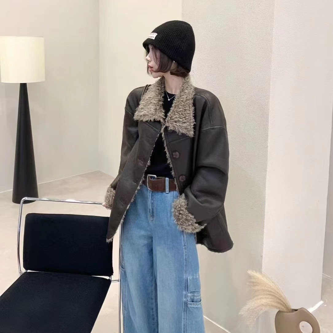 韩版皮毛一体外套女中长款两面穿仿皮毛领羊羔毛保暖夹克小个子潮