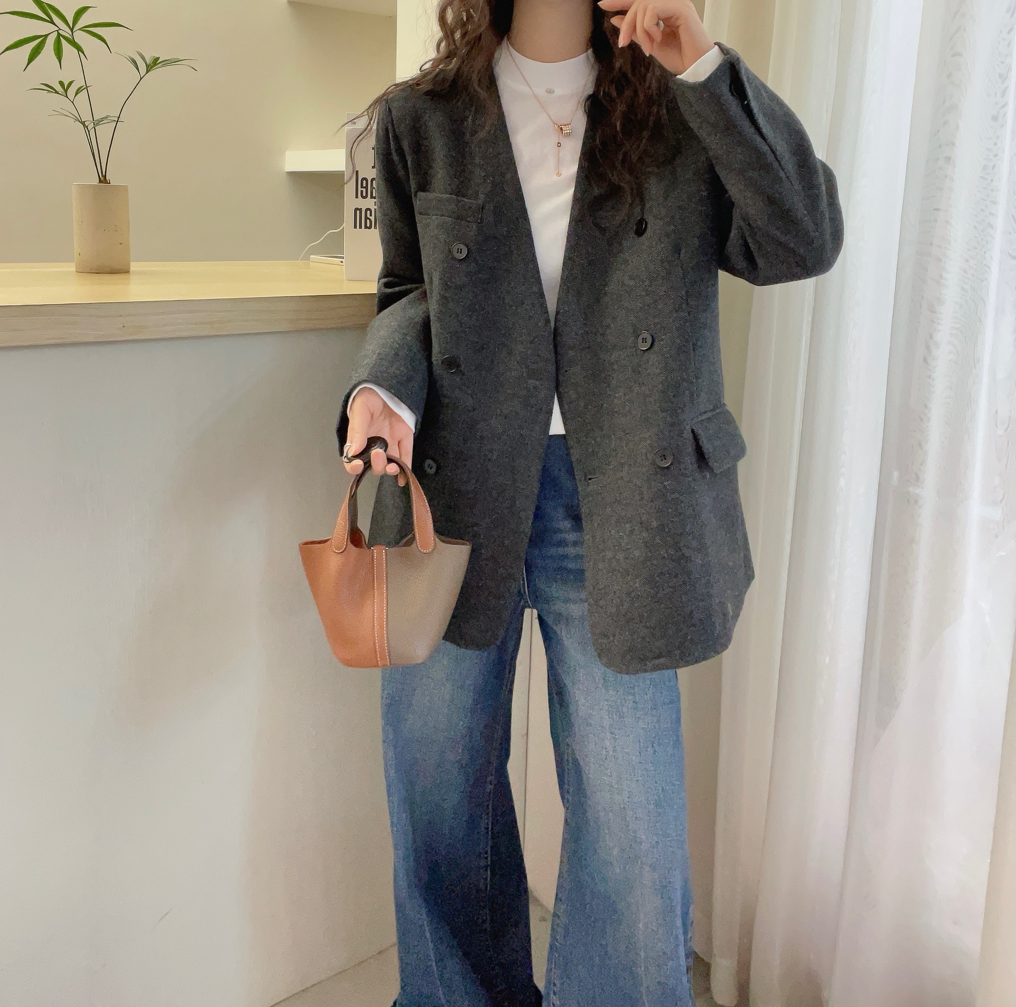 欧洲站2025冬装双排扣羽绒服西装外套女灰色毛呢大衣韩版通勤显瘦