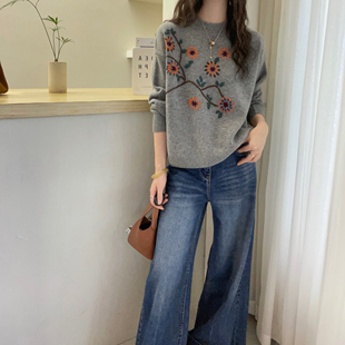 女秋冬慵懒毛衣 欧货百搭花朵刺绣山羊绒针织衫 欧洲站2025冬装 新款