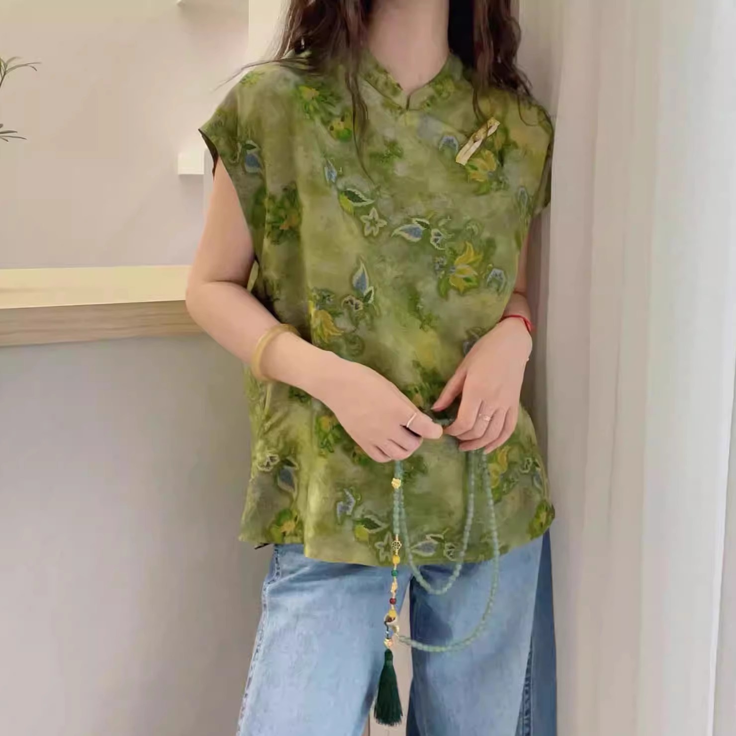欧洲站2025夏装新款欧货新中式国风盘扣印花短袖衬衫女夏季上衣潮