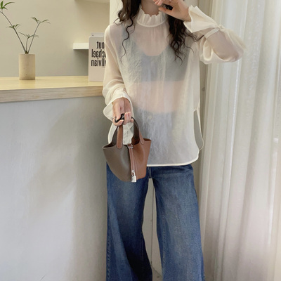 欧洲站2025冬装人丝白色半高领纱质衬衫女长袖宽松显瘦打底衫衬衣