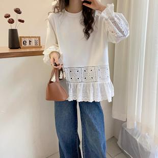 欧洲站2024冬装潮欧货下摆蕾丝拼接韩版长袖T恤女秋冬内搭打底衫