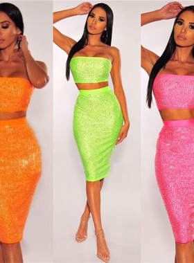 2pcs Bandage Matching Set Outfit Woman 绷带紧身烫钻女连衣裙