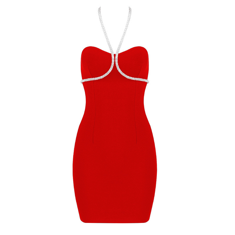 Sexy Women Crystal Halter Mini Bodycon Bandage Club Dress