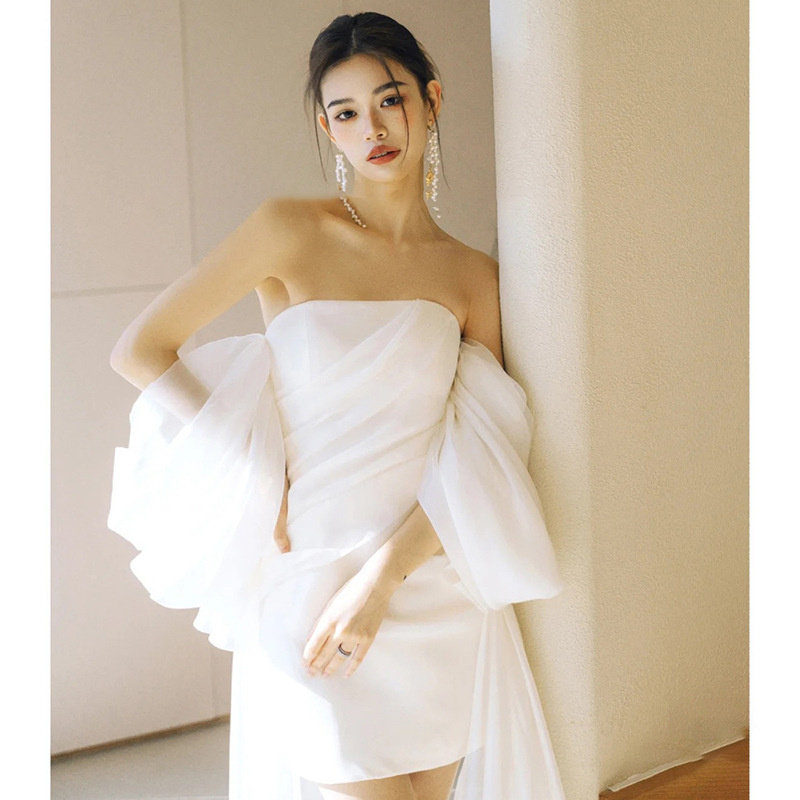 Sexy Dress法式白色一字肩轻婚纱简约高级迎宾小个子短款生日礼服