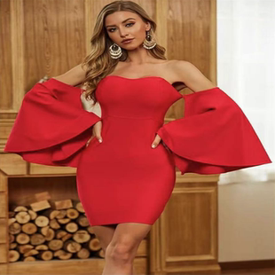 性感连衣裙 秋冬包臀修身 红色欧美专柜女装 绷带裙子明星晚礼服长袖