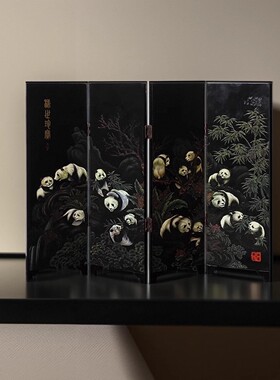 扬州漆器彩绘四折小屏风桌面摆件