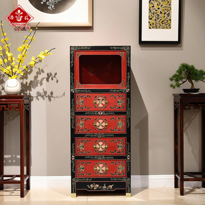 漆花中式国风家居家具手工雕填四抽空档立柜入户玄关柜储物柜
