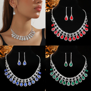 红色水晶项链晚宴新娘婚纱礼服项链耳环二件套装韩式结婚复古项链