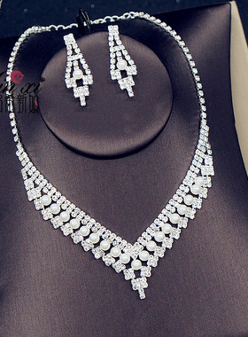 仿珍珠新娘水钻两件套项链耳环