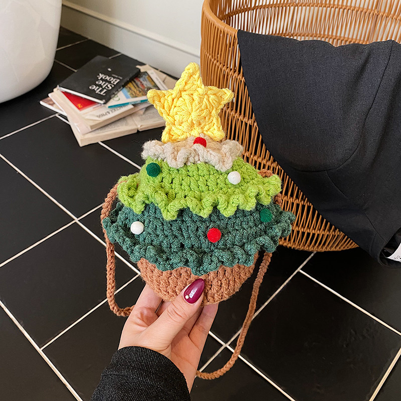 成品包圣诞树针织包包女2025新款手工编织可爱斜挎小包儿童糖果包