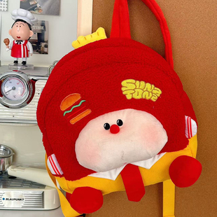 可爱卡通苹果树双肩包汉堡包毛绒包包旅行轻便背包搞怪丑萌小书包
