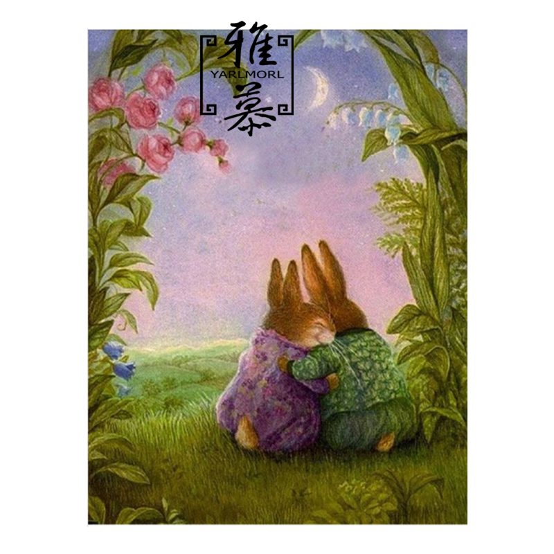 正品dmc印花十字绣儿童房油画卡通温馨兔子彼得兔之一起看夜景