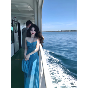 海边度假风雪纺收腰显瘦长裙气质 复古蓝色吊带连衣裙夏季 大码 法式