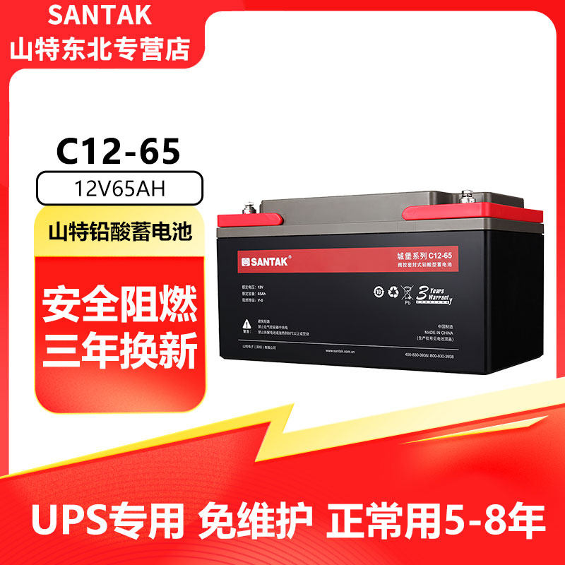 山特UPS不间断电源专用铅酸蓄电池免维护12V65AH C12-65AH电池包