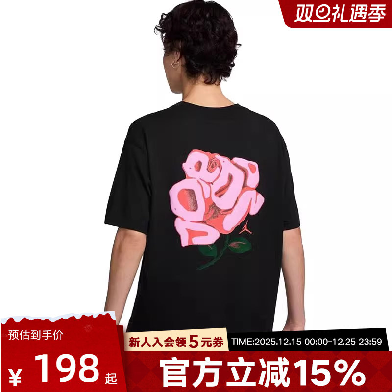 耐克半袖女短袖秋新款玫瑰印花透气休闲圆领棉半袖T恤HJ0194-010