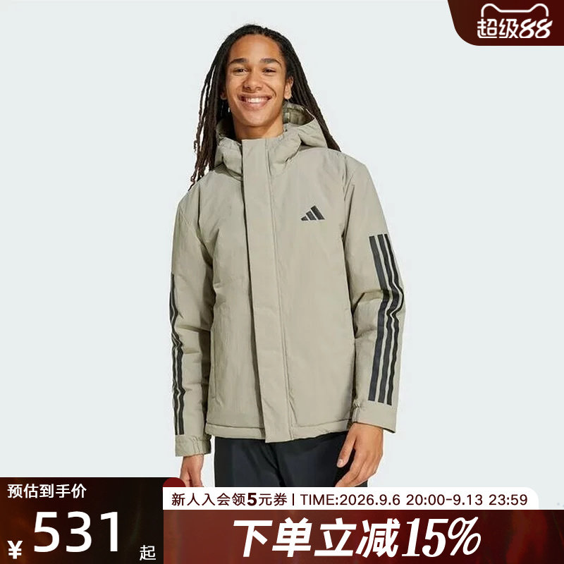 Adidas阿迪达斯棉服男冬季三条纹保暖运动连帽夹克外套 JY8303