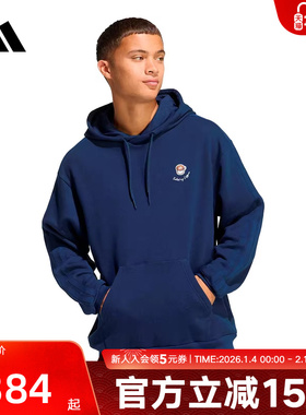 adidas阿迪达斯深蓝色简约连帽套头衫2026春男卡通印花卫衣JZ5065
